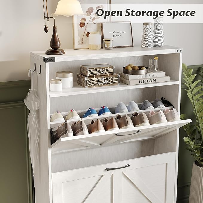 Halitaa Shoe Cabinet with 2 Flip Drawers & Open Storage,Farmhouse Shoe Storage Cabinet for Entryway,Freestanding Narrow Organizer Rack with Legs,Foyer,Hallway,White