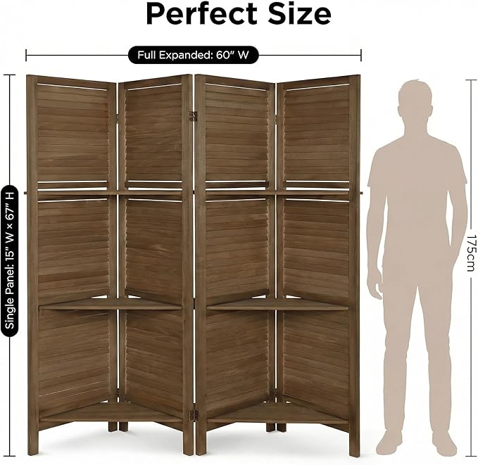 Bluecat 4 Panel Folding Room Divider with Shelves, Portable Lightweight Privacy Screen for Bedroom Home Office, No Assembly Required, Dark Brown