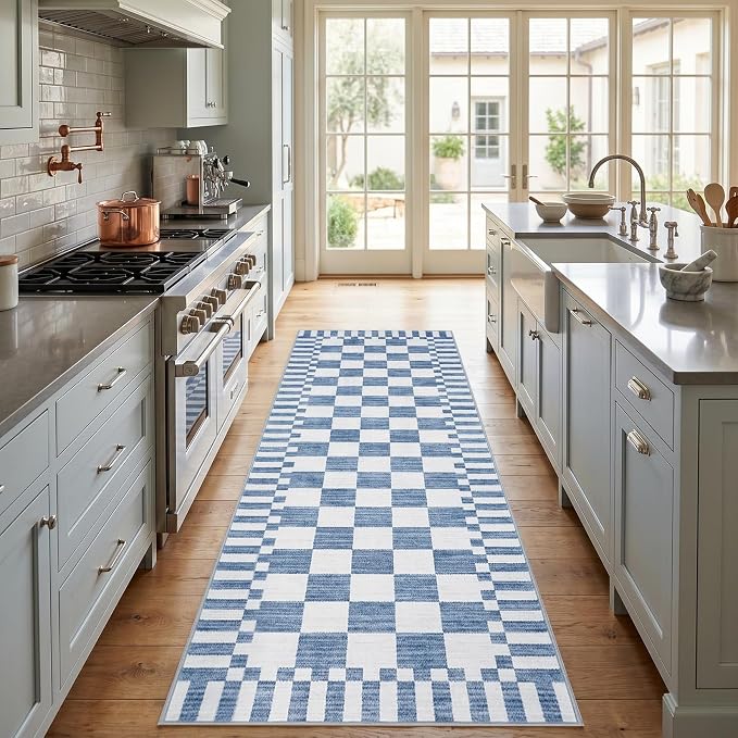 GarveeHome Dark Blue Checkered Rug 2x3 Washable Rug Non-Slip for Entryway, Soft Low-Pile Small Area Rugs,Neutral Modern Geometric Rugs for Kitchen