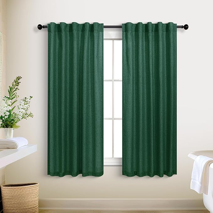 KOUFALL Short Green Curtains for Kitchen Bathroom Window,Sheer Linen Decorative Curtains for Bedroom