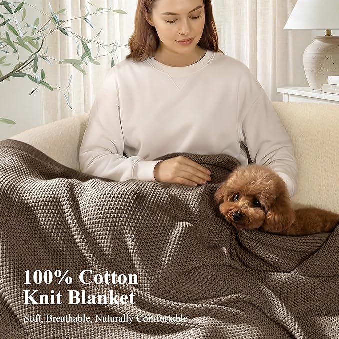100% Cotton Cable Knit Throw Blanket, Lightweight Soft Knit Blanket for Sofa Couch Bed, Breathable All-Season Throw, Cozy Decorative Blanket, 50 x 60 Inch,Taupe
