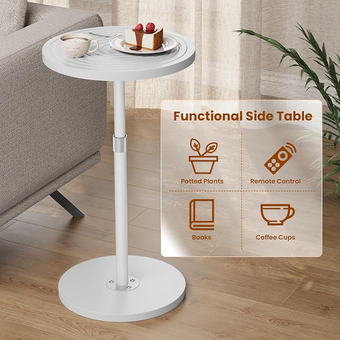 Asgolion Round Side Table, Small Drink Table for Small Spaces, Adjustable-Height Pedestal Martini Table, Weighted Base Cocktail Stand for Living Room, Bedroom, Bathroom, Nursery, Office, White
