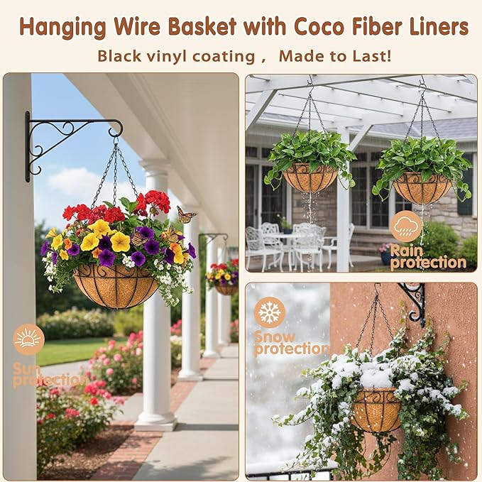 10 inch Metal Hanging Baskets For Plants Outdoor 4 Pack Round Metal Wire Hanging Basket Planter with Coco Fiber Liners Chain Round Wire Plant Holder for Garden, Patio, Deck, Porch Plants Flower Potsss