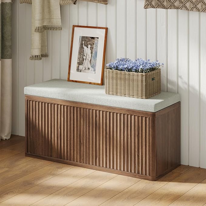 Entryway Shoe Storage Bench with 2" Cushion, 37.4" Small Bench with Shoe Rack, Cabinet Organizer for Hallway, Bedroom End of Bed (Walnut)