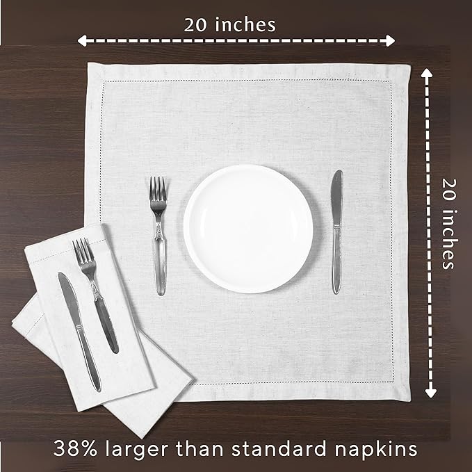 Ramanta Home Decorative Cloth Dinner Napkins Set of 12, 20x20 Inch White Hemstitched Flax Cotton Napkins with Mitered Corners, Oversized Use, Parties, Weddings, Spring, Easter Cloth Napkins