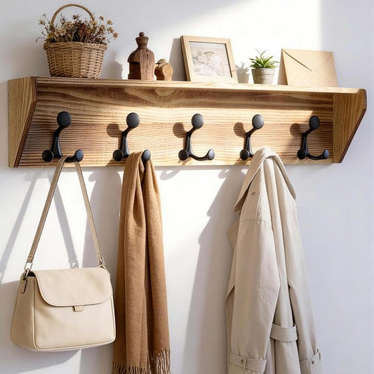 SKOLOO Wall Shelf with Hooks, 35-Inch Coat Rack Wall Mount with Shelf Organizer - Heavy Duty, 5 Tri Hooks - Perfect for Entryway, Hallway, Living Room, Bedroom, Mudroom, Wood Brown & Black