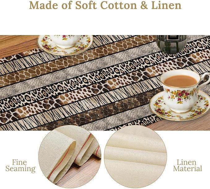 Animals Table Runner,African Wildlife Fierce Leopard Tiger Fur White Brown Zebra Skin Pattern Table Runner for Coffee Table Dining Room Table Bedroom Party Holiday Decor 13x60inch
