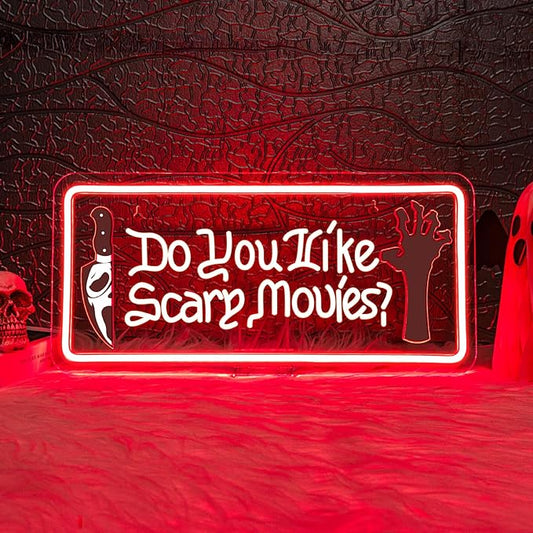 WLHOPE Do You Like Scary Movies Neon Sign Red Neon Signs for Wall Decor Led Lights for Cinema Halloween Bar Club Party Teen Boy Bedroom Game Room Decor Gifts