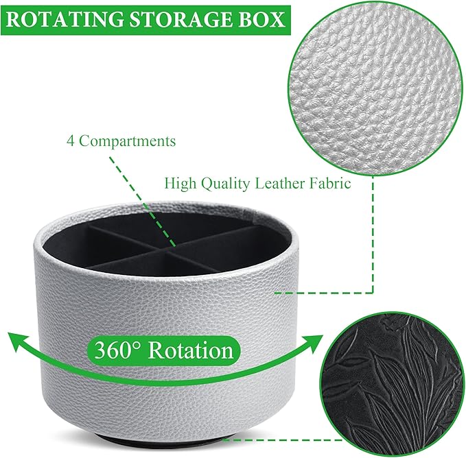 Round Leather Art Supply Organizer,Remote Control Holder,360 Degree Spinning,Multi-Functional Pencil Holder,4 Compartments Desktop Stationary Organizer(1-Lichee Silver)