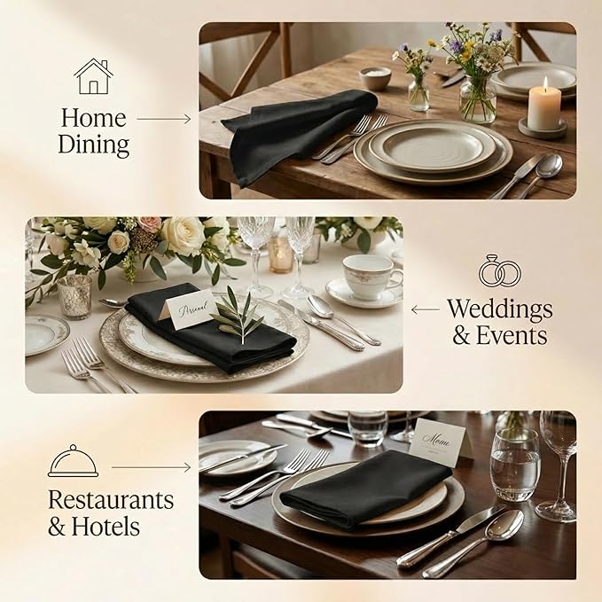 Accent Home 100% Cotton Napkins, Delicate Cloth Napkins for Dinners, Parties and Weddings，18 x 18 Inch Set of 6 - Black
