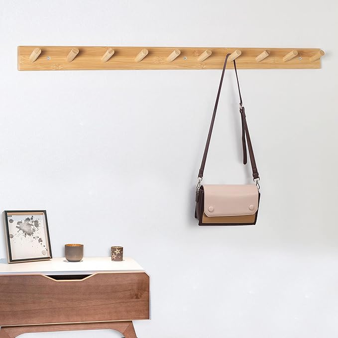 SKOLOO Wood Coat Rack Wall Mounted,10 Peg Long Bamboo Hook for Hanging Backpack Coat Towel Hat,16'' Hole to Hole,Natural