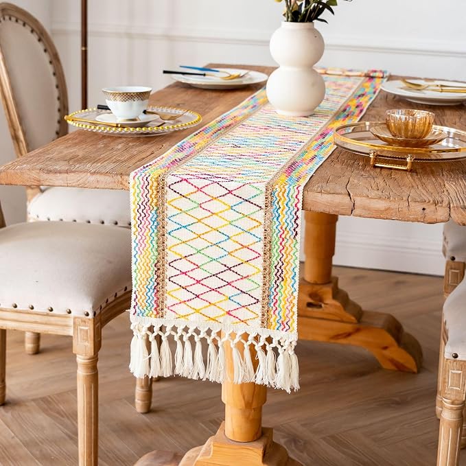 EMMTEEY Macrame Table Runner Boho Style - Scratch & Heat Resistant, Hexagonal Grid Cotton Linen Table Runner with Tassels for Home Decor/Bedroom (12"X108", Colorful)