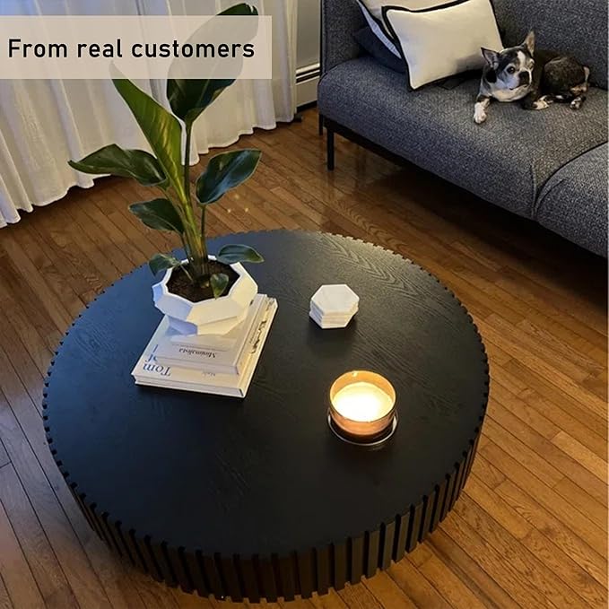 Round Coffee Table, 39.37" Coffee Table, Wood Coffee Table for Living Room, Handcrafted Relief Carving, Easy Assembly, Black