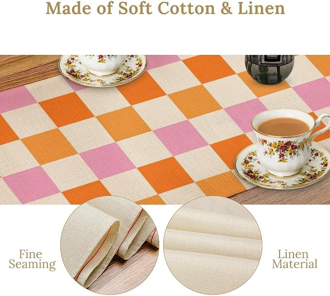 Hippie Table Runner Vintage Geometric Square Grid Yellow Orange Pink 1960s 1970s Retro Country Farmhouse Dinner Runner for Living Room Kitchen Party Holiday Dinner Home 13x36in