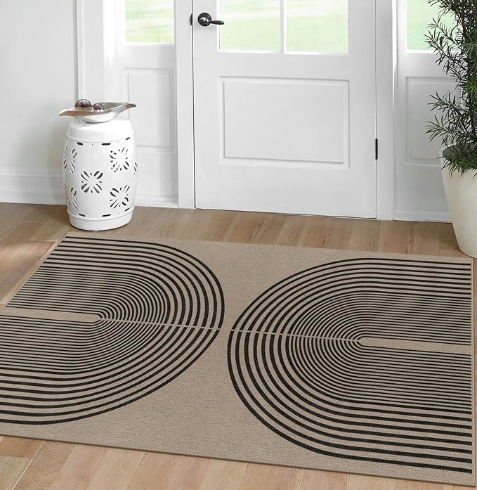 Rugalia Easy Jute Small Outdoor Patio Rug, 3x5 Black Nature Rainbow Entryway Rug Washable Non-Slip Modern Kitchen Rugs, Neutral Farmhouse Throw Carpet for Outdoor Living Room Porch Backyard