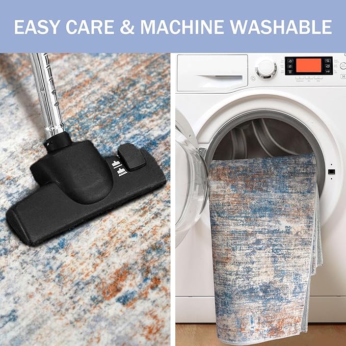 IOHOUZE Abstract Area Rug 4x5 Ft Washable Rugs for Entryway Indoor, Non Slip Small Living Room Rugs Printed Faux Wool Throw Rug, Floor Carpet for Kitchen Nursery Playroom, Blue Rust
