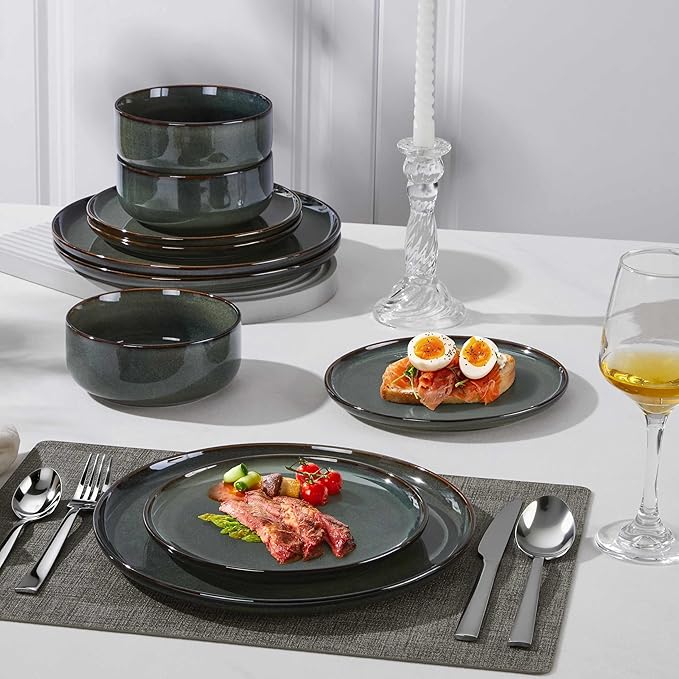 Herogo 18 Pieces Stoneware Dinnerware Set Service for 6, Dinner Plates and Bowls Sets, Double Reactive Glaze Dishes Set for Kitchen, Scratch Resistant, Microwave & Dishwasher Safe, Moss Green