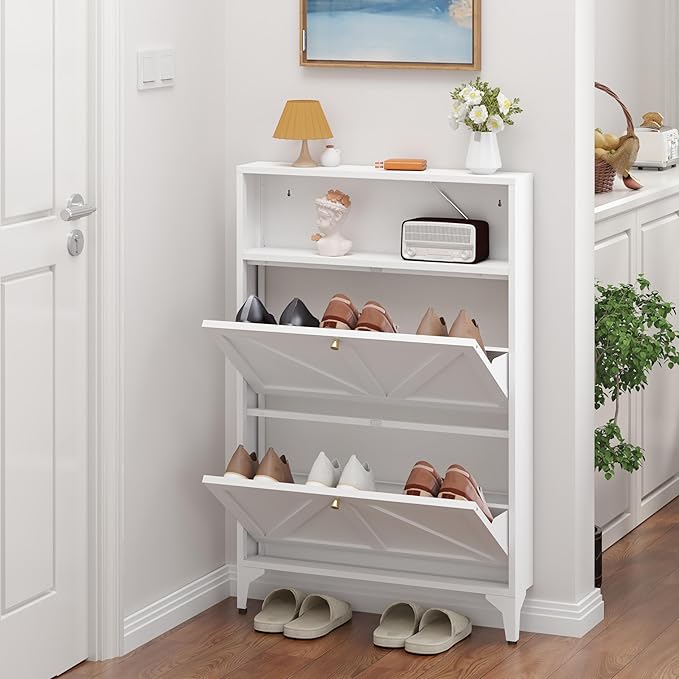 Shoe Cabinet with 2 Flip Drawers, Narrow Shoe Storage Cabinet, Farmhouse Shoe Organizer, Metal Freestanding Organizer with Legs for Entryway, Foyer (2 Door, White)