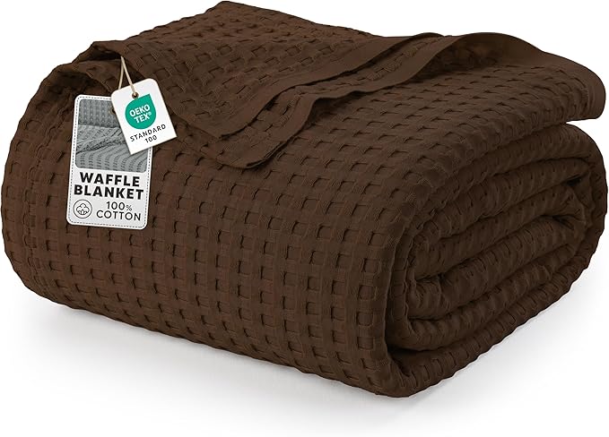 Utopia Bedding 100% Cotton Waffle Weave Blanket Queen Size for Bed - Lightweight, Breathable Summer Blankets Soft and Cozy, Gifts for Women Home Room Decor (Brown, 90x90 Inch)