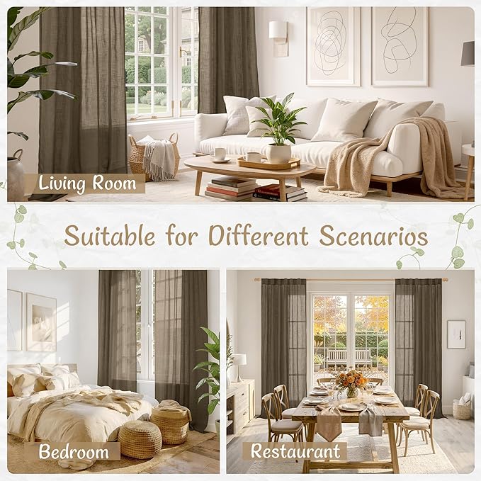 LAMIT 72 inch Linen Sheer Curtains for Living Room 2 Panels, Linen Textured Light Filtering Semi Sheer Back Tab and Rod Pocket Window Curtain Panels for Bedroom/Farmhouse, Brwon, 52 x 72 Inch