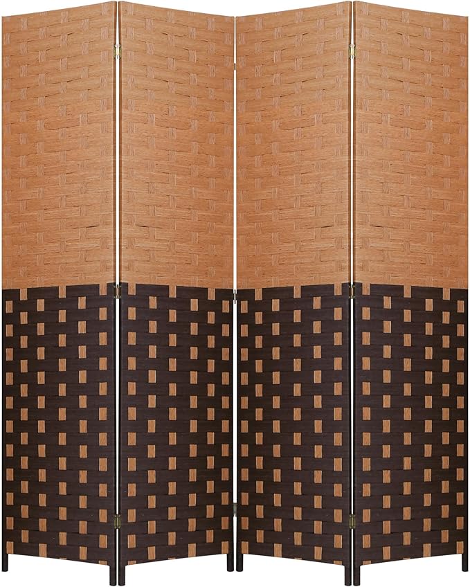 FDW Room Divider Wood Screen 4 Panel Folding Portable Partition Screens Wooden Mesh Woven Design Room Screen Divider for Home Office (Chocolate Brown)