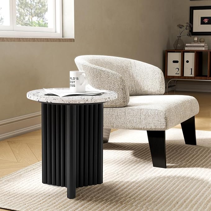 Modern Fluted Side Table, Stone End Table with Terrazzo Top & Black Fluted Ash Wood Base, 18.1" Accent Table for Living Room, Bedroom or Couch Side