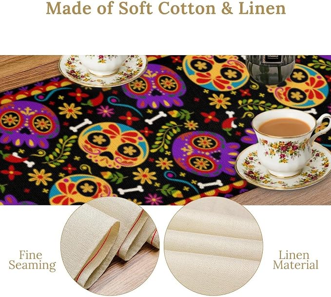 Mexican Fiesta Table Runner Decoration Skull Cinco De Mayo Dia De Los Muertos Runners Farmhouse Rustic Day of The Dead Decor Supplies for Kitchen Dining Home, 13x90 Inch Black