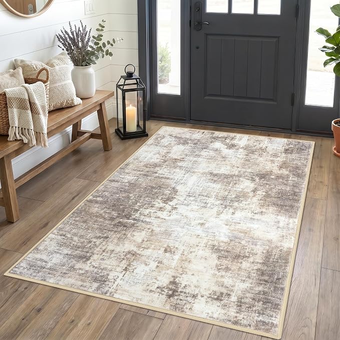 IOHOUZE Abstract Area Rug 4x5 Ft Washable Rugs for Entryway Indoor, Non Slip Small Living Room Rugs Printed Faux Wool Throw Rug, Floor Carpet for Kitchen Nursery Playroom, Beige Brown