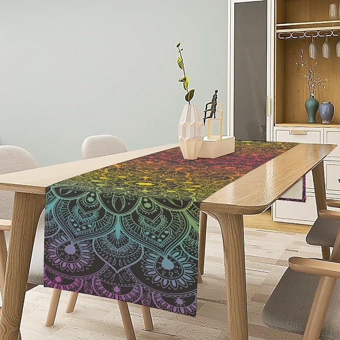 YCness Retro Ethnic Boho Table Runner, Mandala Hippie Art Mandala Rainbow Colorful Dining Room Kitchen Living Room Party Holiday, 13x36 Inch