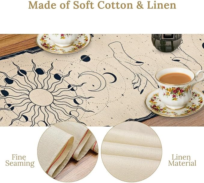 Mystic Sun Moon Table Runner, Boho Magic Tarot Gothic Witchy Hand Table Runner for Kitchen Dining Outdoor Indoor Party, 13x36 Inch