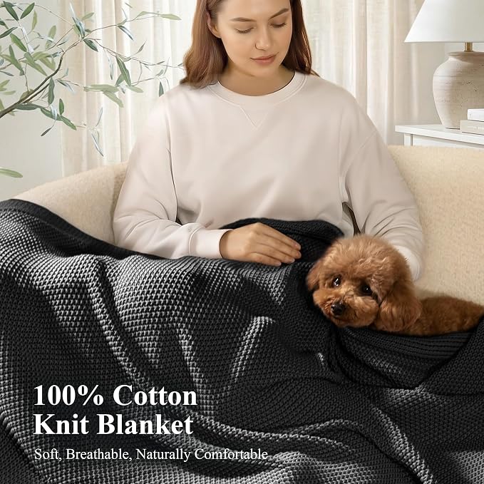 100% Cotton Cable Knit Throw Blanket, Large Lightweight Soft Knit Blanket for Sofa Couch Bed, Breathable All-Season Throw, Cozy Decorative Blanket, 60 x 80 Inch,Grey