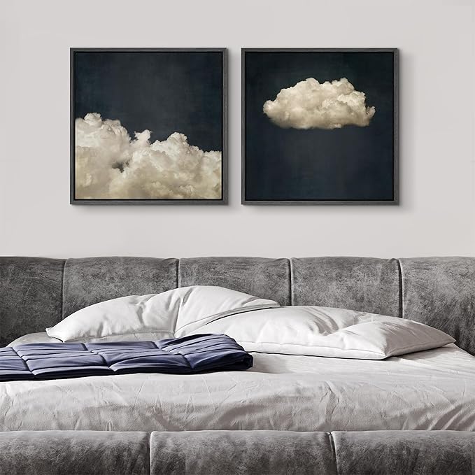 SIGNFORD Framed Canvas Print Wall Art Set Vintage Cloud Soft Neutral Sky Illustrations Modern Art Minimal Relax/Calm for Living Room, Bedroom, Office - 16"x16"x2 Black
