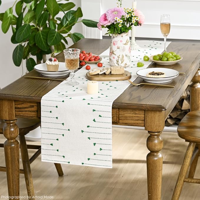 Artoid Mode Dark Green Boho Table Runner for Farmhouse Rustic，Seasonal Holiday Macrame Burlap Kitchen Dining Table Decoration for Home Party Decor 12x48 Inch