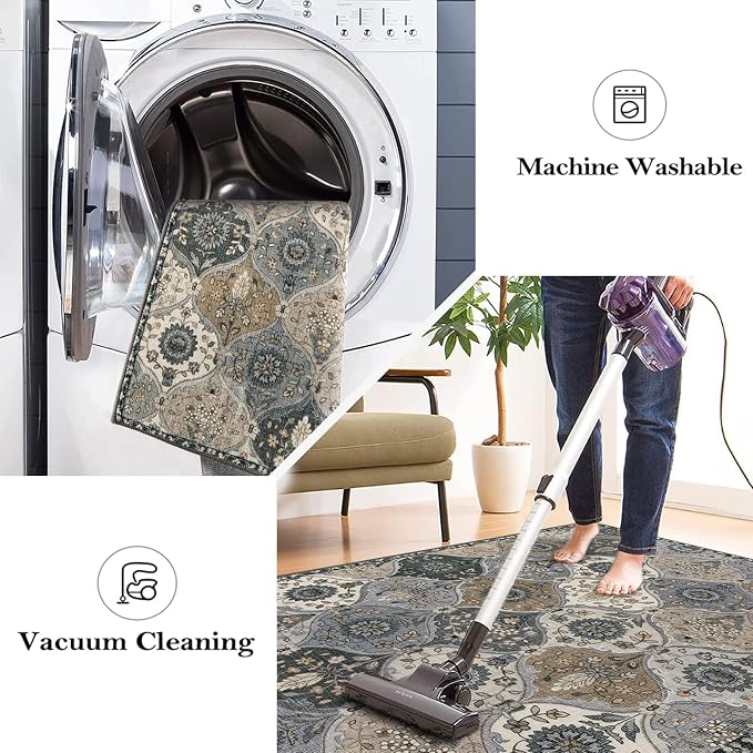 Lahome Moroccan Washable Round Area Rug, Soft Vintage Round Rug 3ft, Distress Circle Carpet for Entryway Bathroom Bedroom, Non Slip Low Pile Stain Resistant Accent Rug Elise, Grey