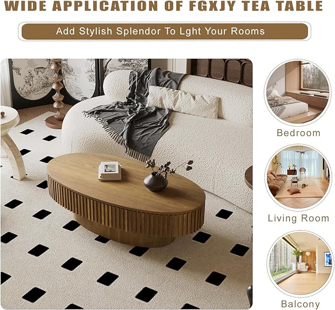 Oval Coffee Table with Storage, Modern Walnut Coffee Table with Solid Wood Veneered, Fluted Center Table Wood Drum Tea Table for for Living Room Apartment, 47.2''L×23.6''W×14.2''H