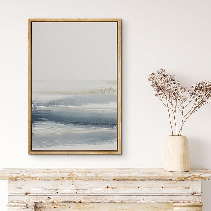 MUDECOR Framed Canvas Print Wall Art Minimalist Neutral Abstract Landscape Soft Blue Beige Illustrations Minimalism Decorative Bohemian Colorful Zen for Living Room, Bedroom, Office - 16"x24" NATURAL