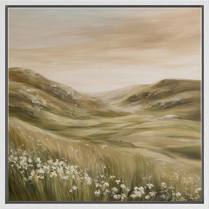 SIGNFORD Framed Canvas Print Wall Art Soft Meadow Landscape with Wildflowers Illustrations Modern Art Relax/Calm Warm for Living Room, Bedroom, Office - 24"x24" WHITE
