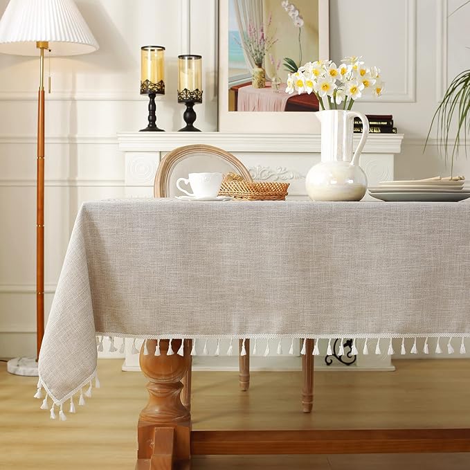 Laolitou Rustic Cotton Linen Table Cloth,Tablecloths for 6 Foot Rectangle Tables,Waterproof Washable Tablecloth with Tassel Rectangle/Oblong, 55''x 86'', 6-8 Seats