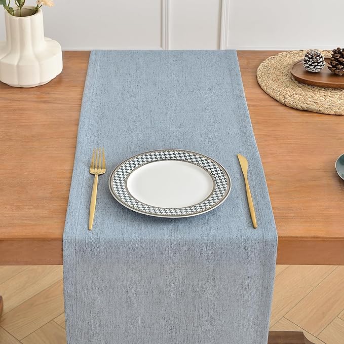 Wracra Linen Style Table Runner, Rustic Farmhouse Chambray Dusty Blue Table Runners 108 Inches Long, Handcrafted Table Runner for Fall, Winter - Everyday Use and Machine Washable