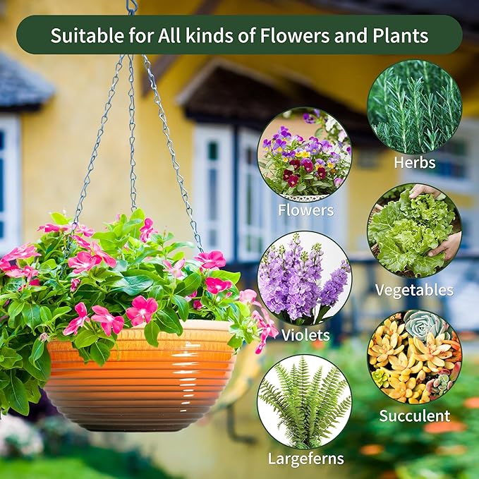 Vanslogreen 12 inch Hanging Planters for Indoor Outdoor Plants, 2 Pack Large Hanging Flower Pots with Drainage Holes and Chain, Glazed Hanging Baskets for Home Garden Decoration, Orange