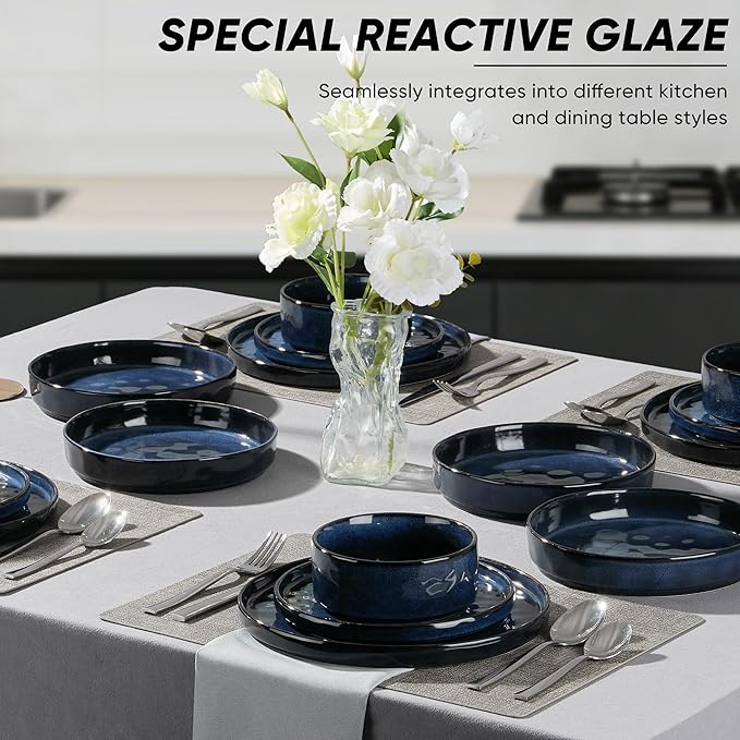 E-far 16-Piece Plates and Bowls Sets with Pasta Bowls - Stoneware Dinnerware Set for 4, Modern Ribbed Dishes, Microwave & Dishwasher Safe, Starry Blue