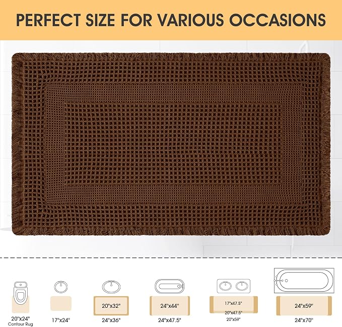 Waffle Bath Mat, Boho Woven Modern Bath Rug Absorbent Non Slip, Ultra Soft Bathroom Mats, Machine Washable Knit Bath Rugs with Tassels for Bathroom, Bedroom, Kitchen, Shower, Tub, 36"x24", Brown