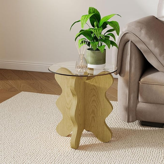 MDF Frame Side Table with Brown Tempered Glass Top, Mortise and Tenon Joint Design, No Screw Easy Assembly, Sturdy End Table for Living Room, Bedroom (Seaweed-Natural)