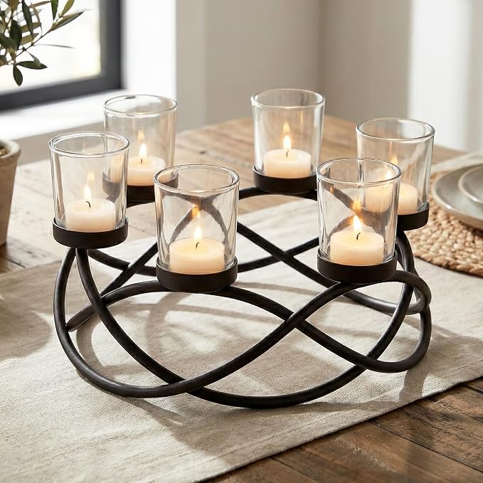 Seraphic Centerpieces for Tables, Votive Candle Holder, 6-Cup, Black/Clear | Outdoor Patio Umbrella Centerpiece, Round Modern Dining Room & Kitchen Table Decor, Rustic Wrought Iron Candelabra