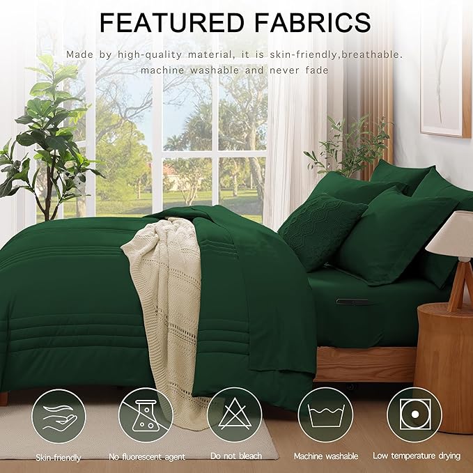 Monbix Queen Comforter Set - 7 Pieces Emerald Green Bed in a Bag Queen Bedding Sets with Comforters, All Seasons Comforter Bed Set with Sheets, Pillowcases & Shams