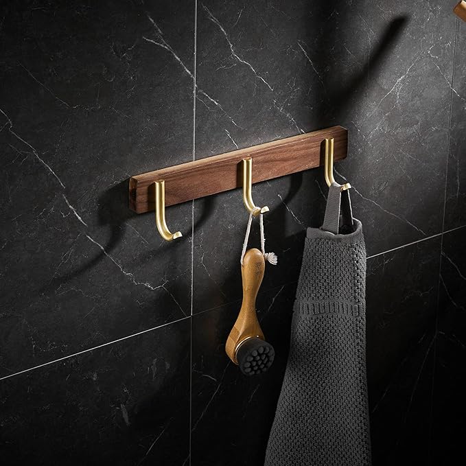 Wall Mounted Coat Rack, Entryway Hanging Coat Rack, Metal Wood Coat Rail with 3 Rustic Hooks Rail for Coat, Scarf, Bag, Towel, Key, Cap, Hat, Walnut Gold Matt