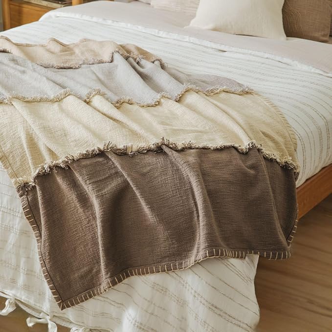 Calm Stitchscape Fringe Throw Blanket 55x60, Beige Cotton Decorative Sofa and Bed Blanket with Fringe Detail, Lightweight All-Season Throw, Handwoven in India, Oeko-TEX Certified