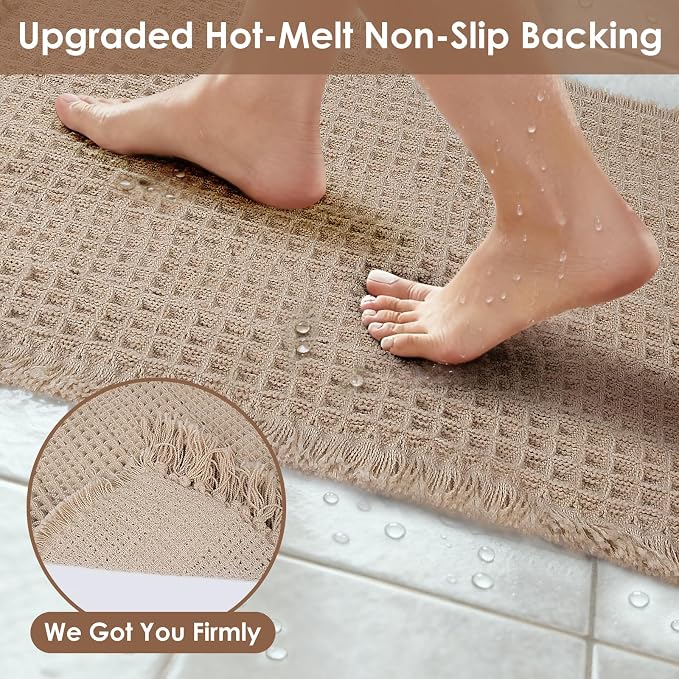 Waffle Bath Mat, Super Absorbent Waffle Bathroom Rug with Tassels, Non Slip Bath Mats for Bathroom Floor, Ultra Soft Boho Bath Mat, Quick Dry Shower Mat, Machine Washable, 17"×24", Khaki