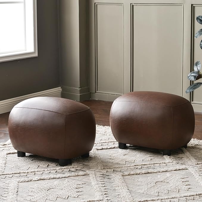 KINWELL 23" Wide Faux Leather Upholstered Ottoman Set of 2, Mid-Century Modern Living Room Footrest with Soft Padded Seat, Footstool for Bedroom, Entryway or Living Room, Dark Brown