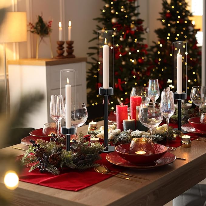 Black Hurricane Glass Candle Holders Set of 3, Tall Metal Taper Candle Stick Holder, Clear Candlestick Holders, Table Centerpieces Decor for Dining Dinner, Weddings, Christmas Fireplace Decorations